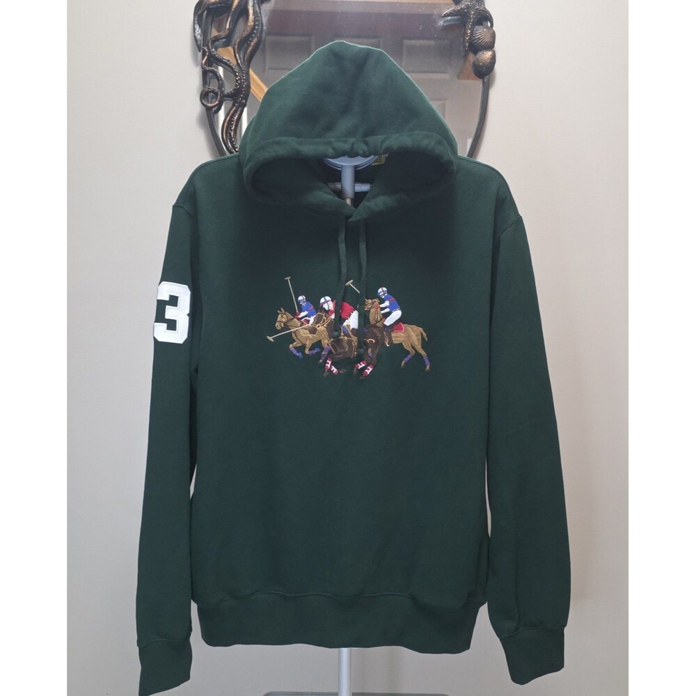Polo Ralph Lauren Triple Pony Hoodie Mens L Green Embroidered #3 Fleece